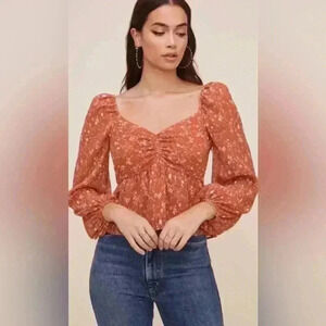 ASTR The Label Floral Puff Sleeve Boho Sweetheart Top Size Medium Rust